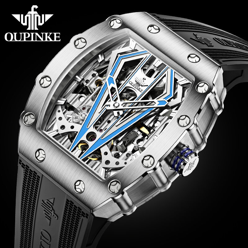 Oupinke relógio de pulso masculino de marca de luxo, automático, mecânico, da moda, esqueleto, pulseira de silicone, esportivo, à prova d'água