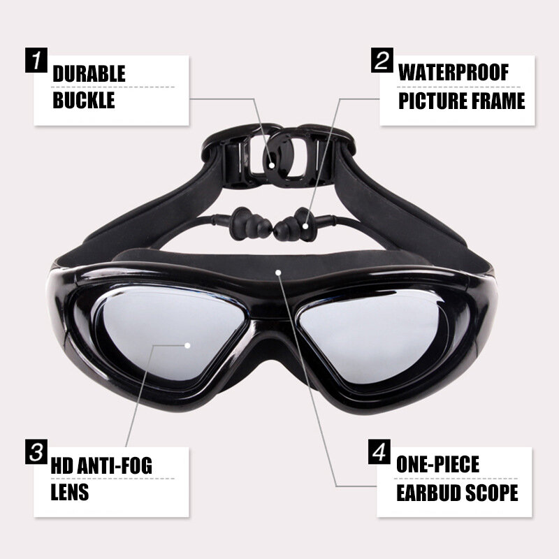 남녀공용 대형 프레임-2 에서-9 근시 수영 고글, 투명 김서림 방지 수영 안경, 귀마개 도 수영 안경