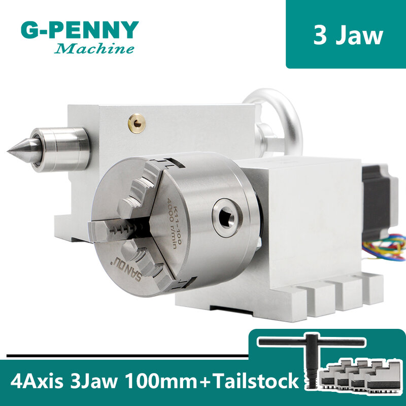3 Jaw 100mm Chunk 4th Axis harmonic gearbox reducer dividing head Rotation A Axis CNC Nema23 stepper motor with Tailstock