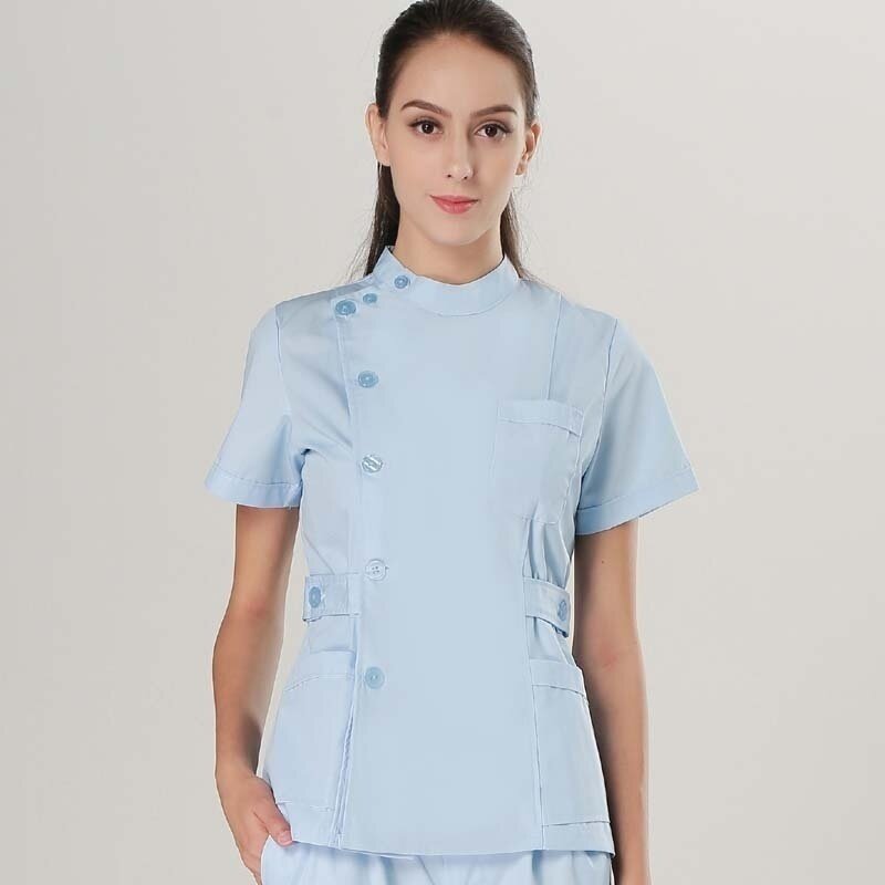 여성 패션 의료 유니폼 스탠드 칼라 짧은 소매 사이드 오프닝 프론트 스크럽 탑스 클리닉 유니폼 (그냥 가기)