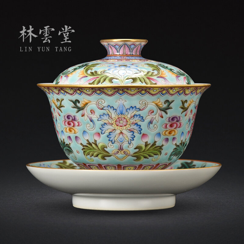 Lin Yuntang jingdezhen-cuenco cubierto de esmalte de colores, cuenco grande, tazas de té de alta calidad, espacio verde