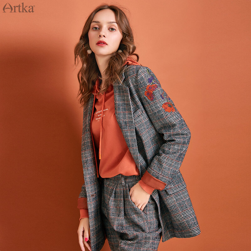 Conjunto de blazer xadrez bordado vintage, peça feminina outono e inverno artka 2019 blazer de lã com calça wa10290q
