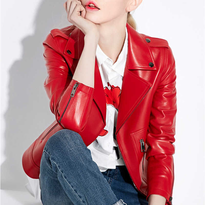 2023 New Fashion Womens Autumn Soft Genuine Leather Jackets Coats Lady Red Streetwear Zipper Motorcycle Biker Short Basic Coat