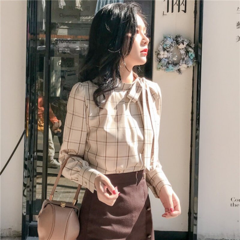 Chemise à carreaux à manches longues pour femme, ample, en mousseline de soie, nouveau Style coréen, avec sangle à nœud, automne 2020