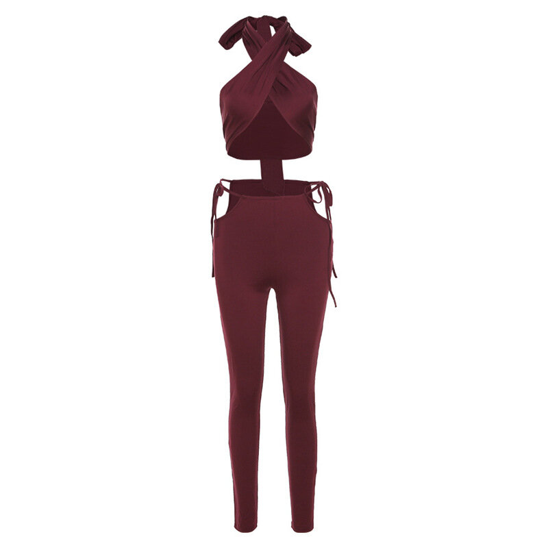 YAPU fasciatura Criss Cross Solid Matching Set donna 2021 Backless Club Crop Top e pantaloni due pezzi Set increspato Sexy Hot Outfits