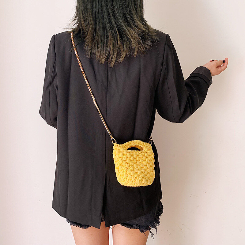Mini Dompet Koin Wanita Baru Tas Wanita Tas Kurir Retro Hand-Woven Tas dengan Ember Kain Benang Crochet Bag a7305