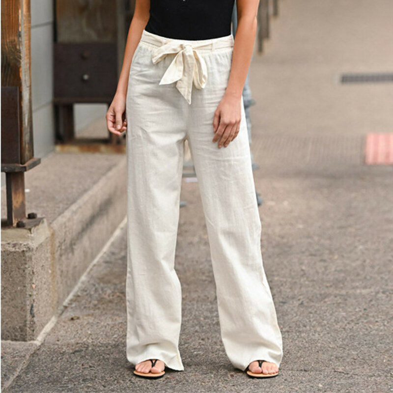 Fiocco moda donna solido fasciatura allentato Casual gamba larga fondo cotone lino pantaloni lunghi pantaloni pantaloni da donna Streetwear 3