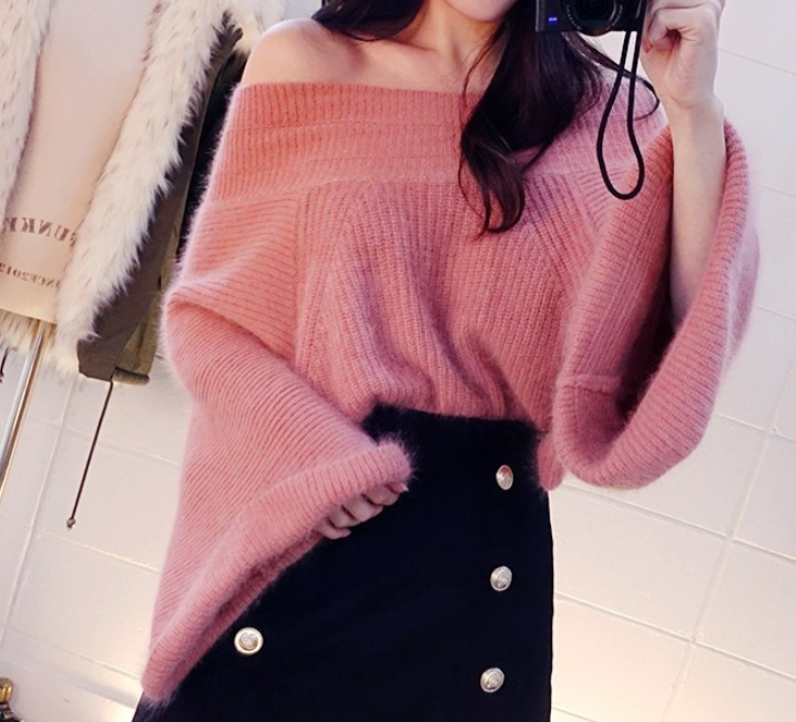 2022 Sexy Off Shoulder Knitted Sweater Women Solid Loose Flare Sleeve Pullover Jumpers Female Mink Cashmere Sweater poncho