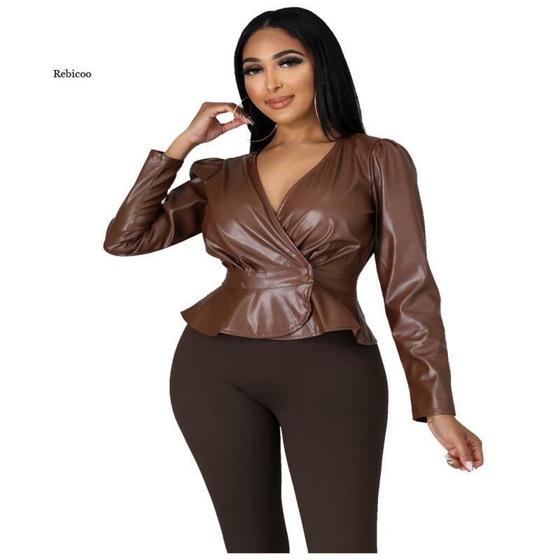Fall Winter Women's Artificial Leather Jacket Solid Color Long Sleeve Sexy V-Neck Button Women Fashion Leather Top New