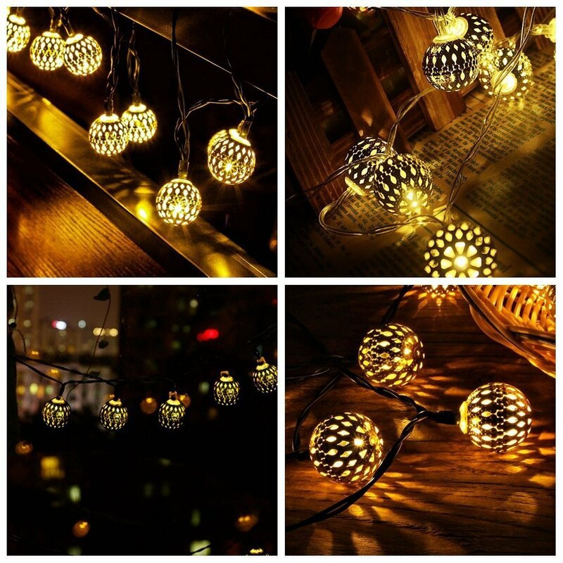 Bolas huecas de hierro forjado marroquí para exteriores, cadena de luces LED impermeables, luces de decoración de jardín de Navidad