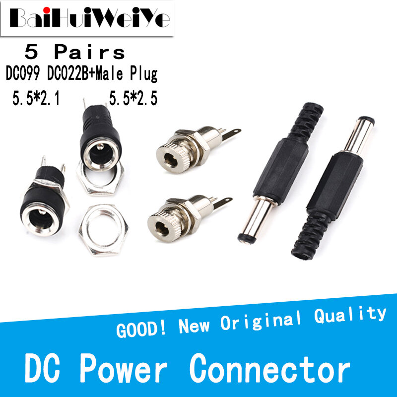 10PCS 5 Pairs Power Connector Pin 2.1x5.5 2.5x5.5 Female Plug Jack + Male Plug Jack Socket Adapter DC099 DC022B DC-005