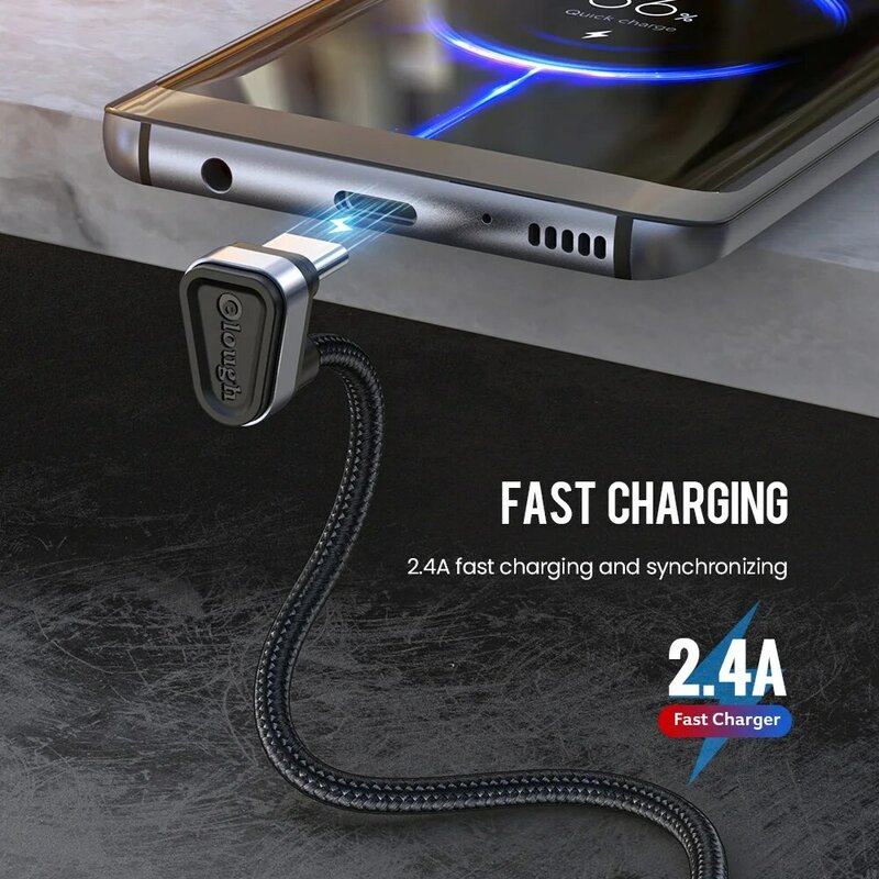 Elough-USB Tipo C Cabo De Carregamento Rápido, Cotovelo De 90 Graus, Jogos Charge Wire para Xiaomi, Samsung Phone, Fio De Dados, 2.4A