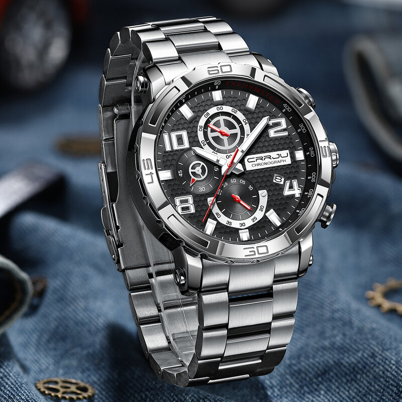 NEW CRRJU Men Watch Quartz Big Watches Full Steel Business Luminous Waterproof Chronograph Wristwatch For Men Relogio Masculino