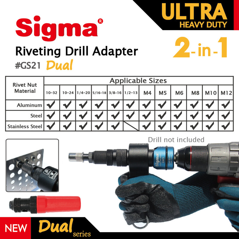 Sigma #GS21 ULTRA HEAVY DUTY 2-in-1 Riveting Drill Adapter Cordless or Electric power drill adaptor alternative air rivet tool