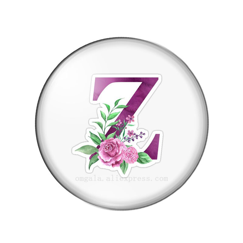 A-Z 26 letras imprimir 8-30mm roxo flores carta presente de aniversário redonda foto de vidro demonstração cabochão plana volta fazendo descobertas