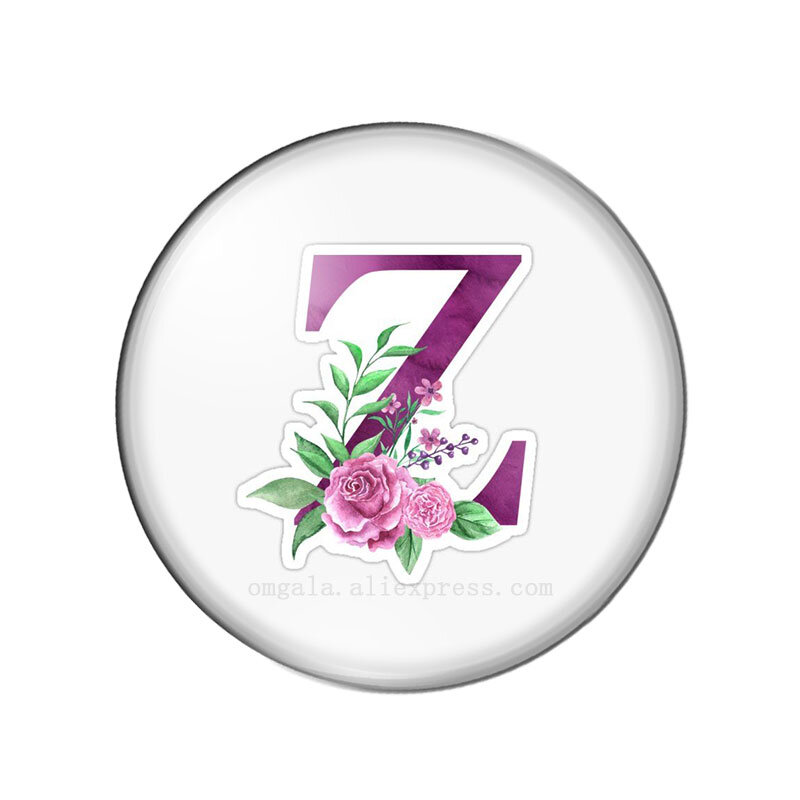 A-Z 26 Letters Print 8-30 Mm Paarse Bloemen Brief Verjaardagscadeau Ronde Foto Glas Cabochon Demo Flat Terug maken Bevindingen