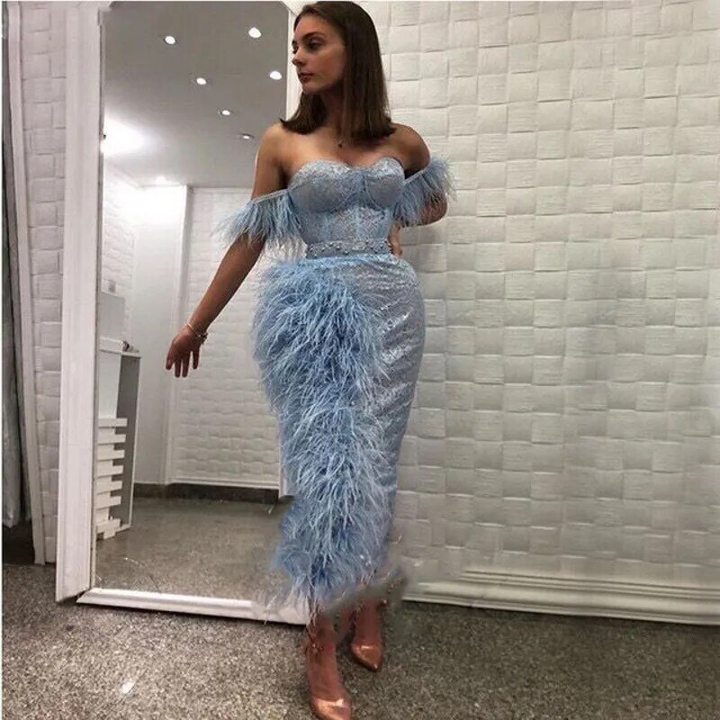 Dubaj niebo niebieska suknia wieczorowa 2021 Off ramię pióra płaszcza koronki luksusowe arabski sukienek kobiety aplikacja Robe De Soiree