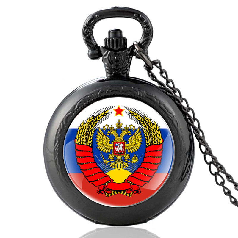 Reloj de bolsillo de cuarzo para hombre y mujer, con emblema nacional ruso, diseño de águila de dos cabezas, negro, Vintage, colgante, collar, horas, reloj, regalos