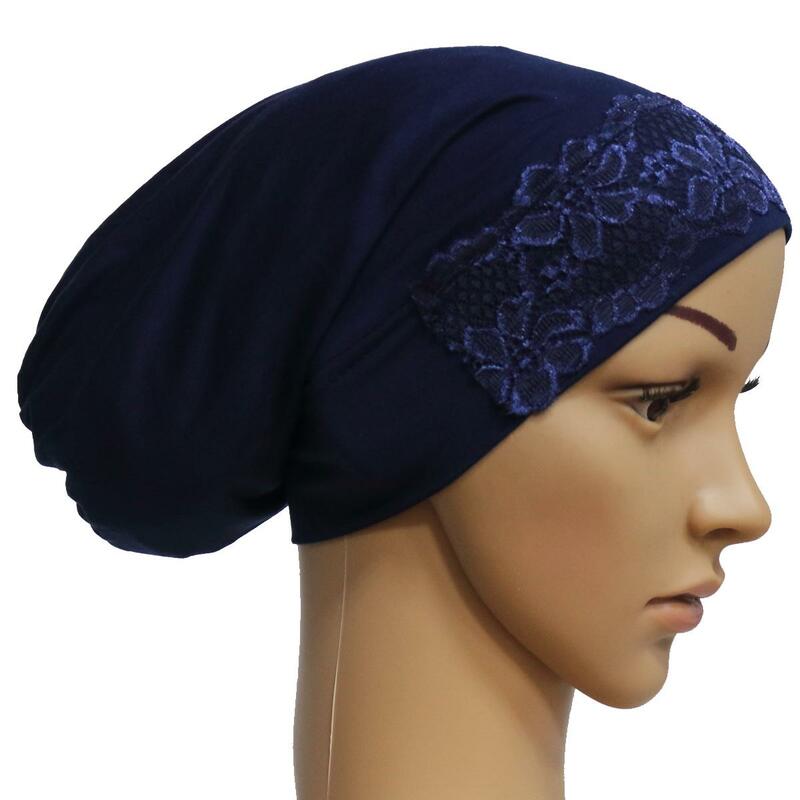 หลายสีมุสลิมด้านใน Hijab สตรี Hijab Underscarf หัวอิสลามฝาครอบ Bonnet หลอดหมวกผ้าพันคอผ้าฝ้าย Hijabs ลูกไม้