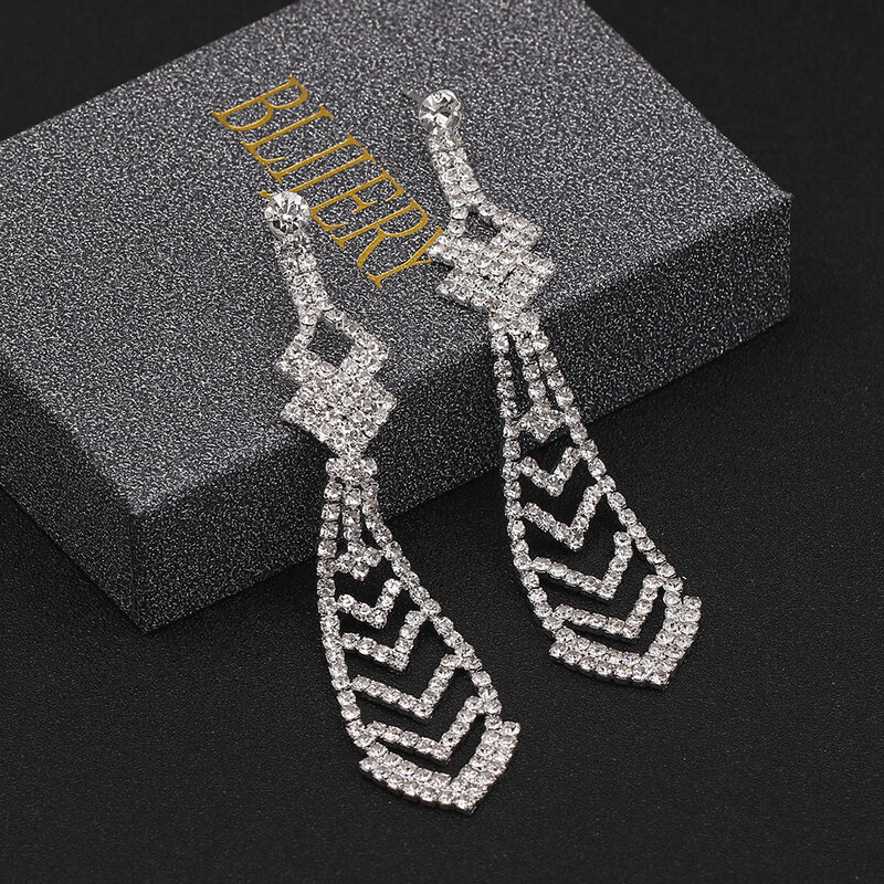 BLIJERY Fashion Bride Long Drop Earrings for Women Silver Color Rhinestone Hanging Dangle Earrings Night Party Wedding Jewelry