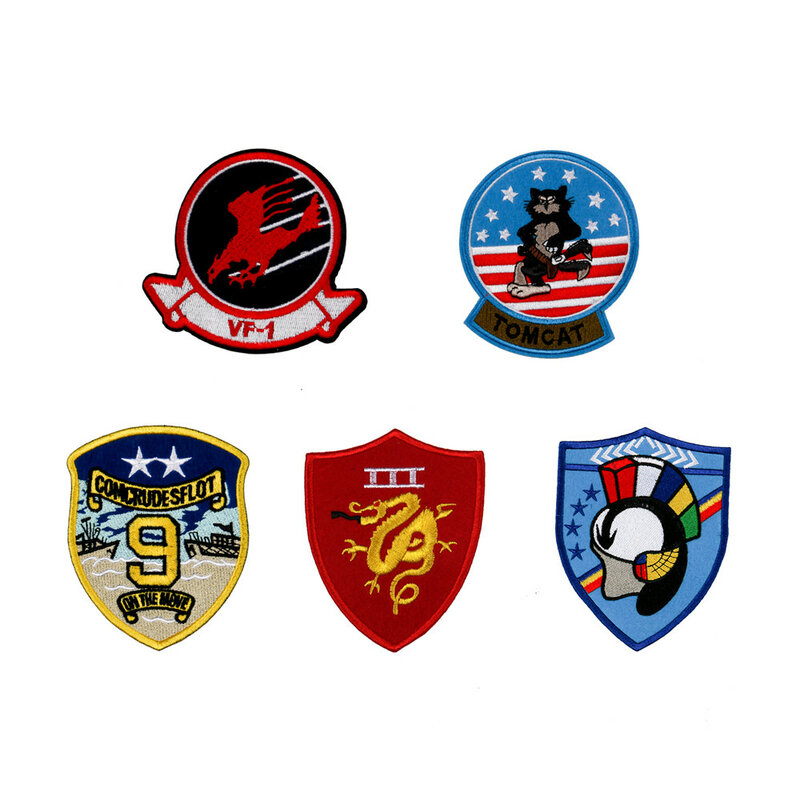 Insignias de costura hechas en tela, accesorios de chaqueta personalizados de cuero, logotipo de bordado delicado, tema Top Gun 2, 17 unidades por lote