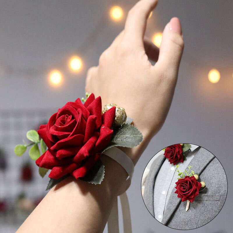 Red damigelle d'onore polso corpetto tessuto Rose Wristband Decor sposa accessori da sposa ornamento decorazione per feste Prom