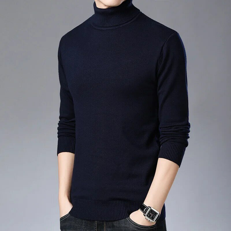 Men's Winter Sweater Thick-Plain Knit Base Woollen Sweater Middle-aged Men'S Wear Slim Fit Stretch Sweater Men's