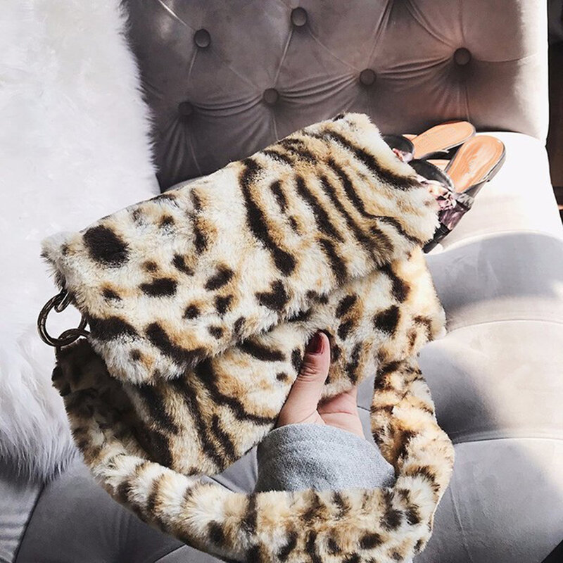 Women Winter Faux Fur Shoulder Bag Winter Soft Plush Leopard Print Ladies Hand Bags Fashion Party Female Handbag Torebka Damska