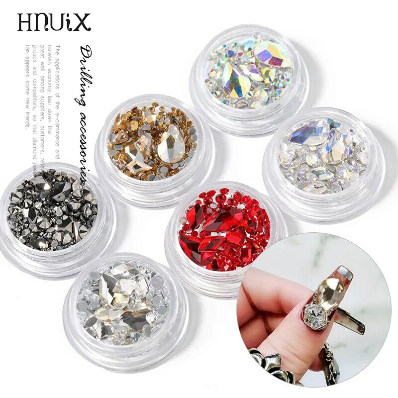 HNUIX 1Box 3D kryształki do stylizacji paznokci dekoracje cekiny Flatback diament nieregularne romb kamienie do paznokci dżetów urok Nail Art