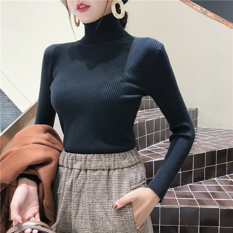 2020 New Autumn Winter Thick Sweater Women Knitted Ribbed Pullover Sweater Long Sleeve Turtleneck Slim Jumper Soft Warm Pull