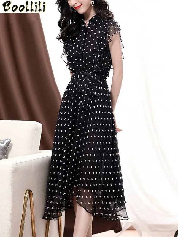 Real boollili 100% seda vestido de verão 2023 vintage elegante sexy vestido de festa roupas femininas preto polka dot midi vestido