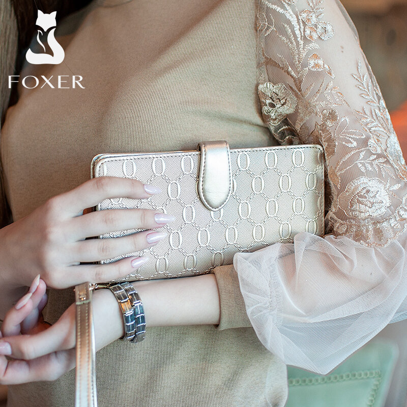 FOXER marka damska długie portfele z bydlęcej skóry damskie kopertówki znany projektant torebki damskie torebki moda kobieta portfel ze skóry bydlęcej