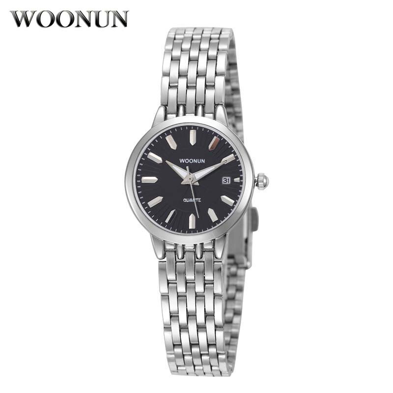 Woonun relógio de pulso de quartzo de aço completo para as mulheres de alta qualidade relógio de pulso de quartzo de luxo ultra fino feminino