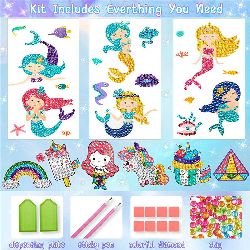 Big Gem 5D Diamond Painting Kit Cute Mermaid Princess Unicorn Dinosaur Diamond Stickers Paint by Numbers Art Craft For Kids Gift