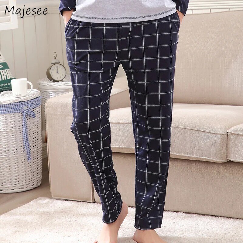 Men Sleep Bottoms Gauze Plaid  Pants Pajama Trousers Long for Male Autumn Spring wear Casual Home Lounge Plus Size 4XL