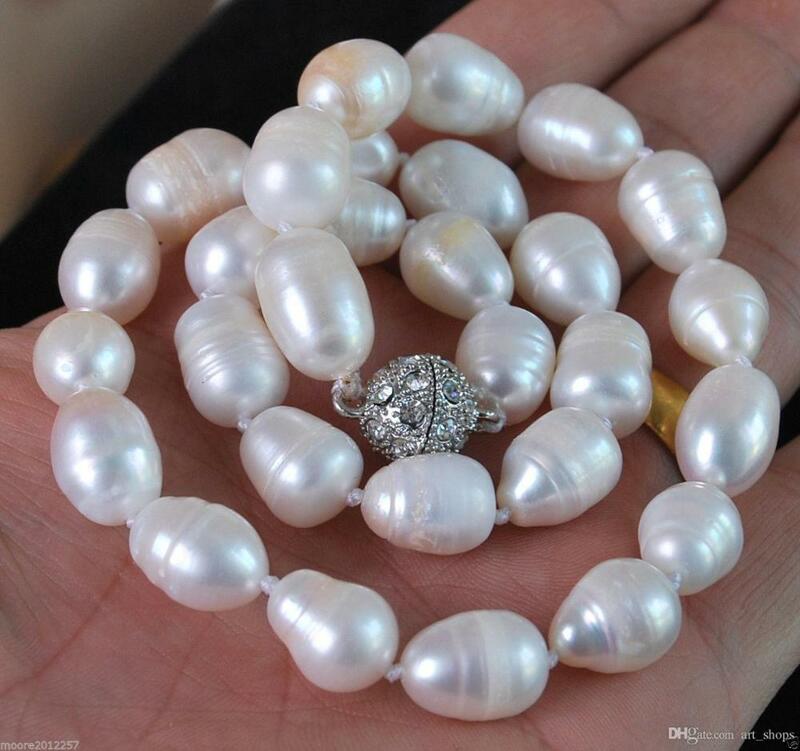 Encantador collar de perlas barrocas ovaladas blancas auténticas de 11-13MM