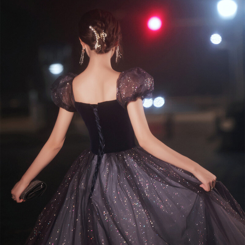 Korean Style Birthday Party Dress For Women Lace-Up Off-Shoulder Gentle Party Gowns Floor-Length Sequined Formal Evening Dresses