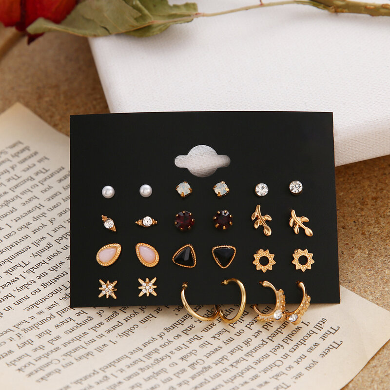 Lot de 12 paires de boucles d'oreilles à fleurs pour femmes, clous d'oreilles EN perles de cristal, style bohème, bijoux géométriques, cadeau, 2021
