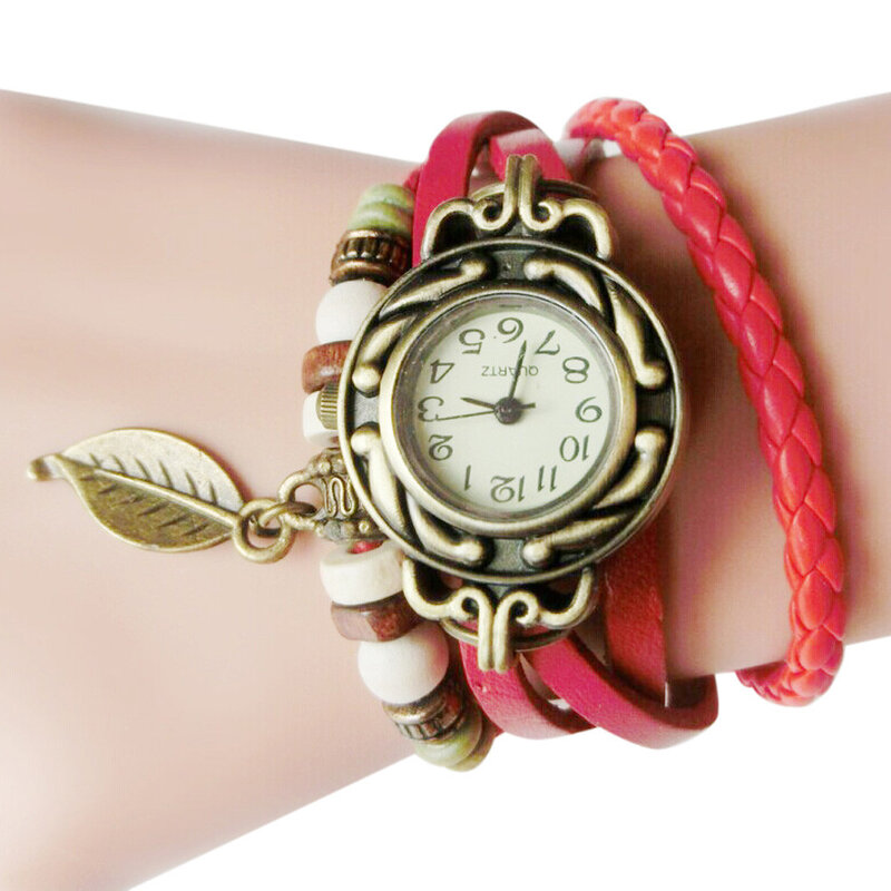 Multicolor คุณภาพสูงผู้หญิงนาฬิกาข้อมือนาฬิกาหนัง Vintage นาฬิกาควอตซ์สร้อยข้อมือนาฬิกาข้อมือ Leaf ของขวัญนาฬิกาผู้หญิง