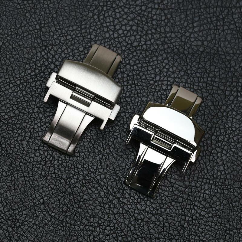 PESNO Durable Polished Brushed Silver Stainless Steel Watch Band Deployment Clasp 14mm16mm19mm20mm Butterfly Buckle