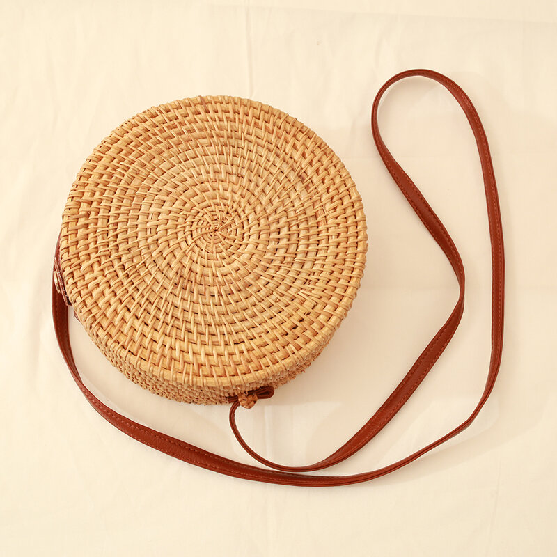 Sac de plage d'été en rotin tissé à la main, sac à main circulaire bohème, sacs ronds en paille pour femmes, K5752