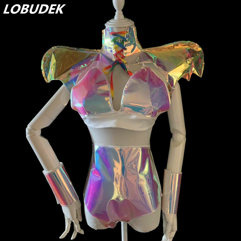 New Women Magic Color Laser Bikini Set Jazz Dance Team Space Dance Outfit Sexy Bar Mechanical Stage Performance Costume