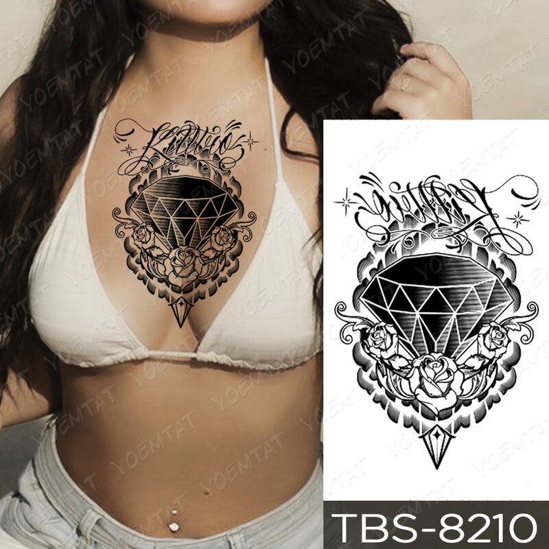 Tatuaje temporal impermeable para hombres y mujeres, pegatina de encaje para el pecho, Henna, Mandala, Lobo, flor de diamante, arte corporal, tatuaje falso para brazo