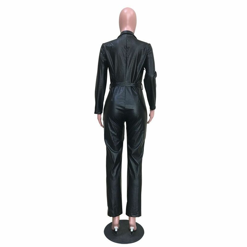 BKLD – combinaison en cuir PU noire avec poches et col en v pour femme, vêtement de club, avec ceinture, manches longues, été 2019