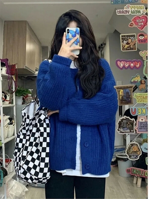 Женский винтажный однобортный Кардиган, синий свободный свитер с длинным рукавом и круглым вырезом, верхняя одежда в Корейском стиле на весну и осень, 2023