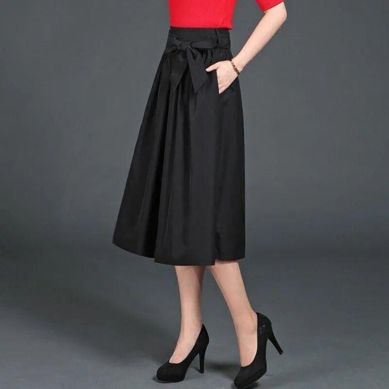 Saia Midi com laço de cintura alta elástica, elegante senhora do escritório, saia preta plissada, moda coreana, plus size, nova, 2023