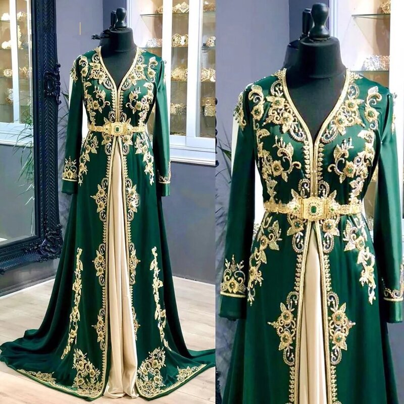 Thanh Lịch Xanh Promise Pha Lê Chiếu Trúc Hạt Satin Chữ A Hồi Giáo Váy Đầm Dạ 2020 Cổ V Thêu Dubai ĐẦM DỰ TIỆC Vestidos