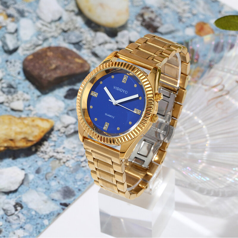 Voce francese orologio con funzione di allarme, data di chiamata e il tempo, quadrante blu, fibbia pieghevole, oro caseTAG-601