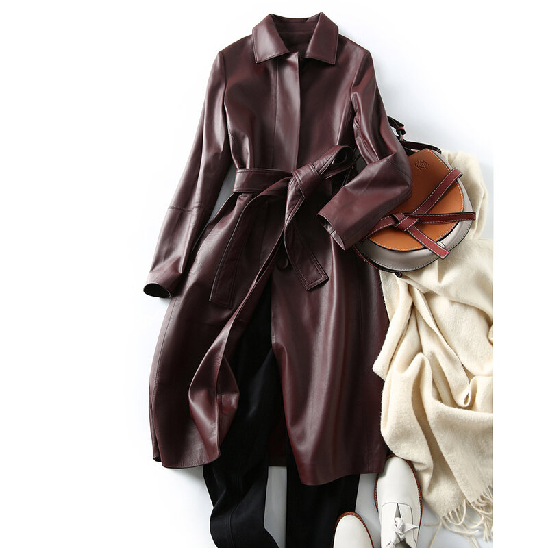 Casaco de couro genuíno feminino com renda, jaqueta de pele de carneiro, trincheira longa, tamanho grande, tops
