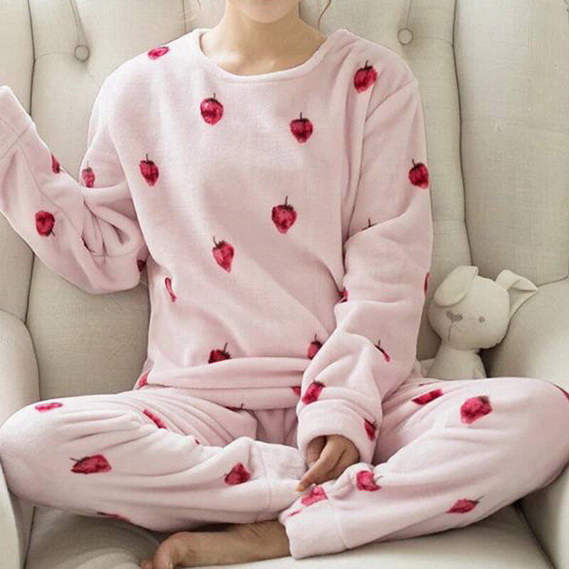 Pijama feminino flanela de inverno de manga comprida espessamento mais veludo lã coral bonito outono e inverno serviço de casa terno feminino